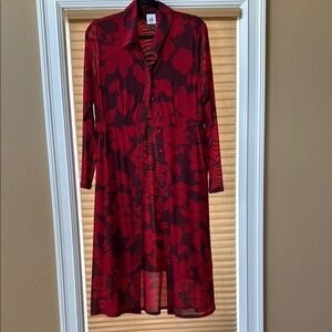 CAbi Red and Black Wrap Dress with Notched Collar